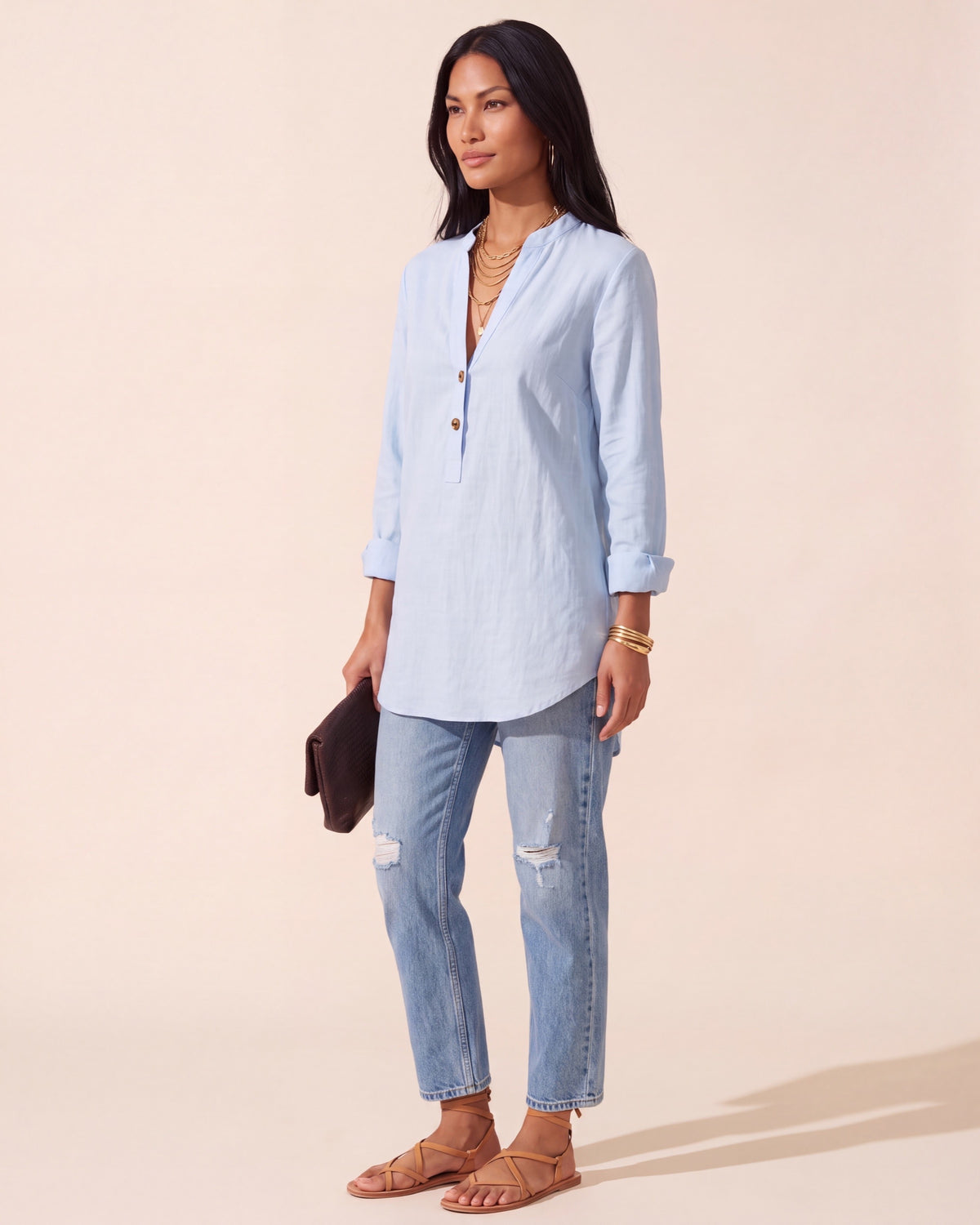 Women's Breathable Linen Blend Blouse - Relaxed Fit Top — Light Blue