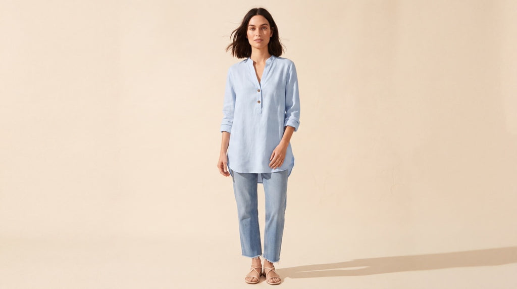 Women's Breathable Linen Blend Blouse | Relaxed V-Neck Top — Light Blue