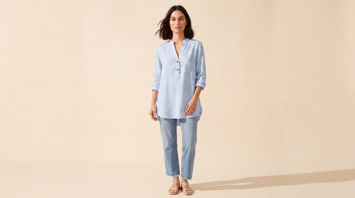 Women's Breathable Linen Blend Blouse | Relaxed V-Neck Top — Light Blue