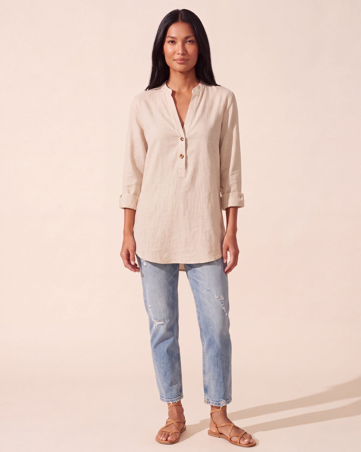 Women's Breathable Linen Blend Blouse - Relaxed Fit Top — Khaki