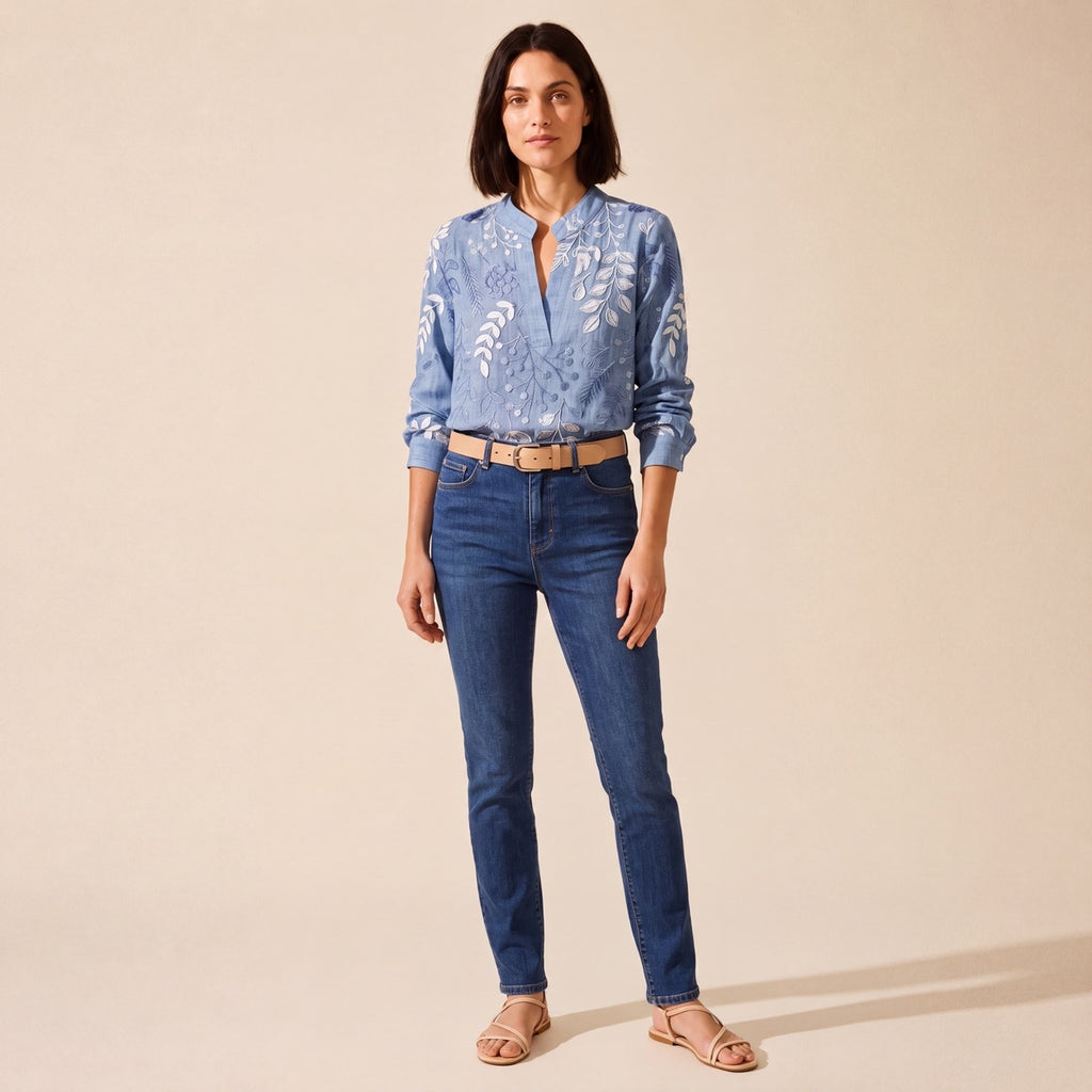 Women's Pastel Floral V-Neck Blouse - Soft-Touch & Lightweight — Blue