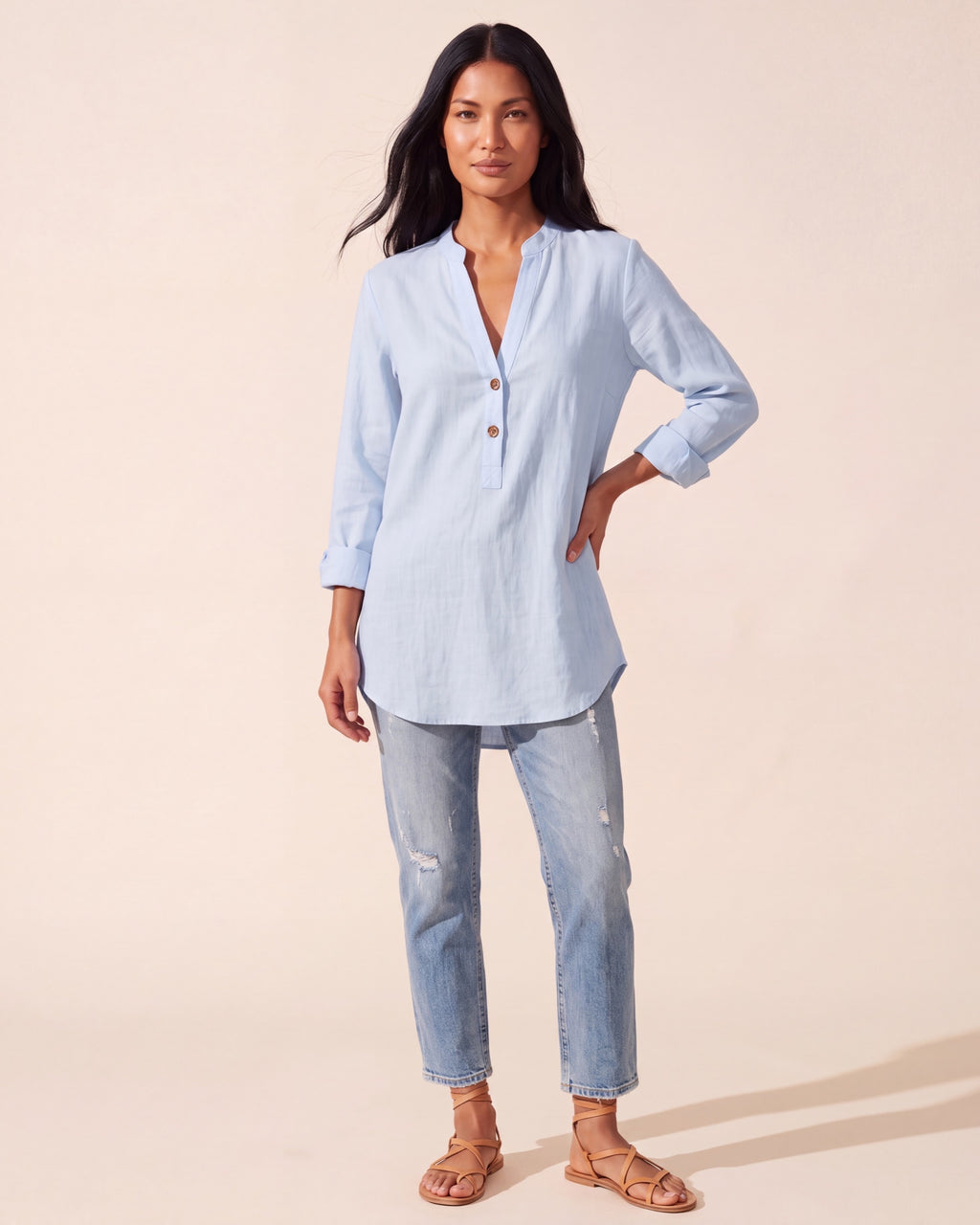 Women's Breathable Linen Blend Blouse - Relaxed Fit Top — Light Blue