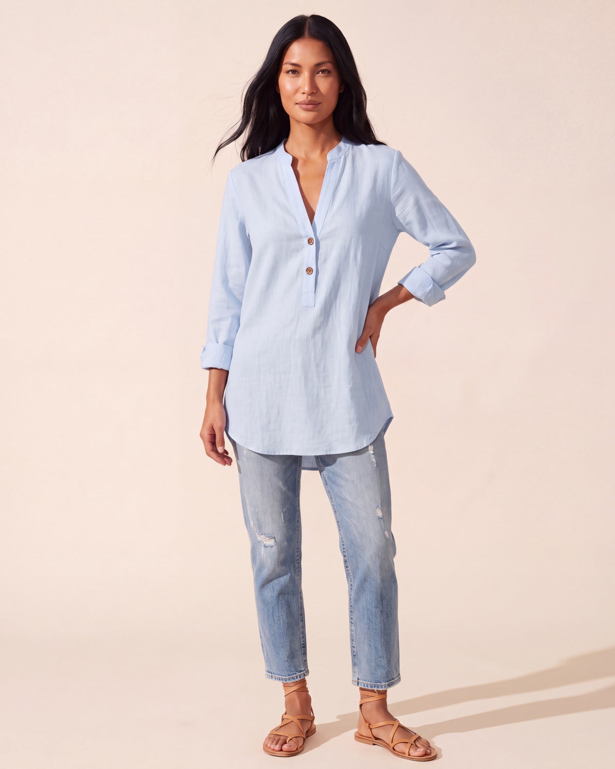 Women's Breathable Linen Blend Blouse - Relaxed Fit Top — Light Blue